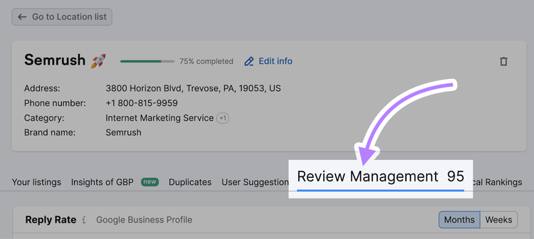 Onglet Avis dans Listing Management
