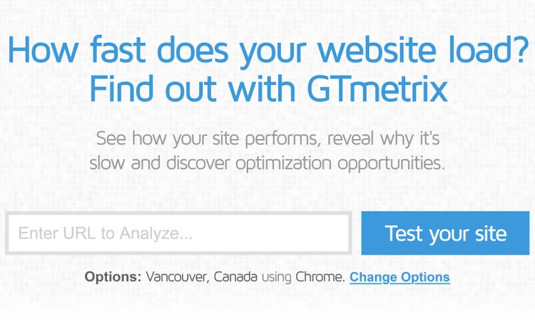 GTmetrix est un outil de test de vitesse de site web doté d'une zone de recherche pour saisir une URL et d'un bouton bleu « Tester votre site ».