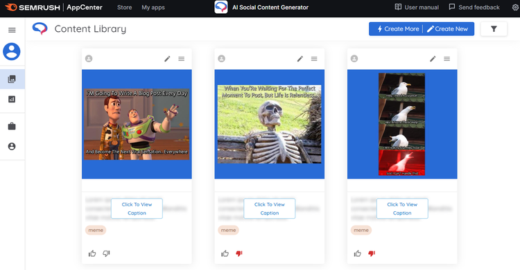 Mèmes créés par l'application AI Social Content Generator.