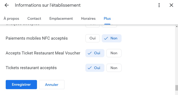 Google Business Profile attributs: paiements NFC, tickets restaurant, options