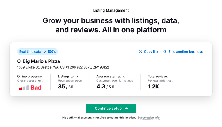 Un tableau de bord montrant le résumé de la présence en ligne pour "Big Mario's Pizza&quot