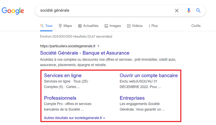 Exemple de sitelinks dans Google