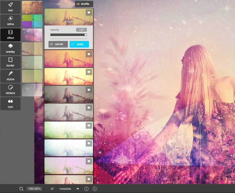 Interface Canva editeur photos avec panneaux outils et grille d'images filtre coucher soleil