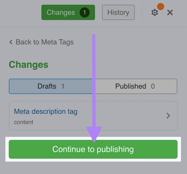 Bouton "Continue to publishing"