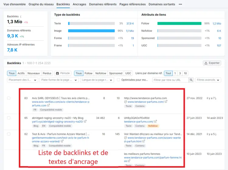 Analyse de backlinks, onglet de backlinks