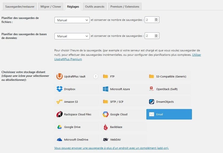 Plugin WordPress backup sauvegardes fichiers avec options stockage cloud