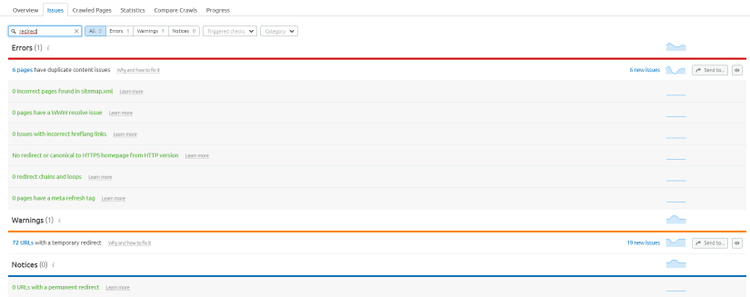 Audit de site de Semrush, problèmes de redirection