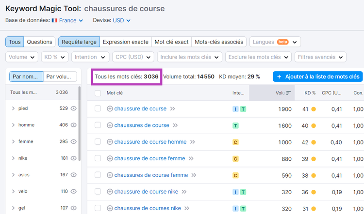 Tous les mots clés trouvés dans Keyword Magic Tool