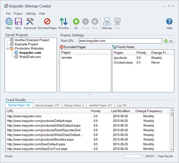 Interface de Inspyder sitemap creator