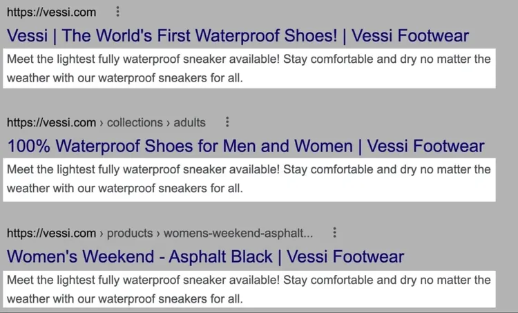 Exemples de meta descriptions dupliquées sur plusieurs pages d'un même site