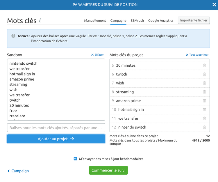 Dialogue de parametrage du suivi de position avec liste de mots-cles du projet a surveiller