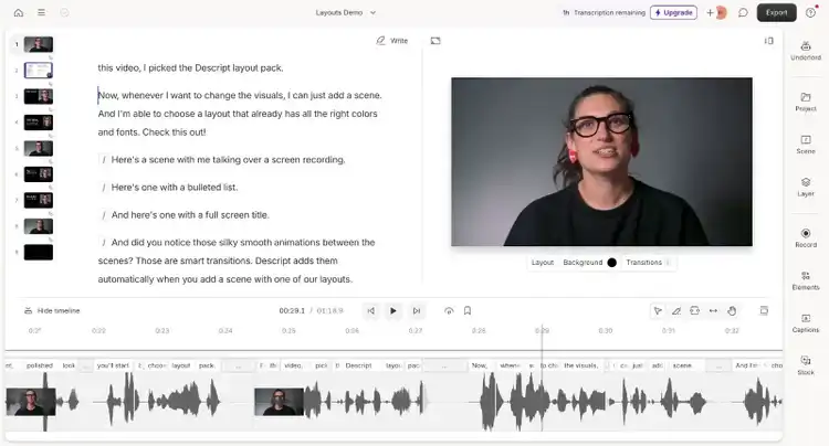 Démo de mise en page sur Descript avec le script vidéo à gauche, la vidéo à droite, et la timeline vidéo en bas.