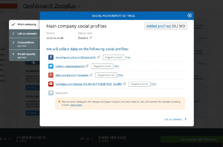 Semrush Social Media Tracker configurar perfiles principales redes