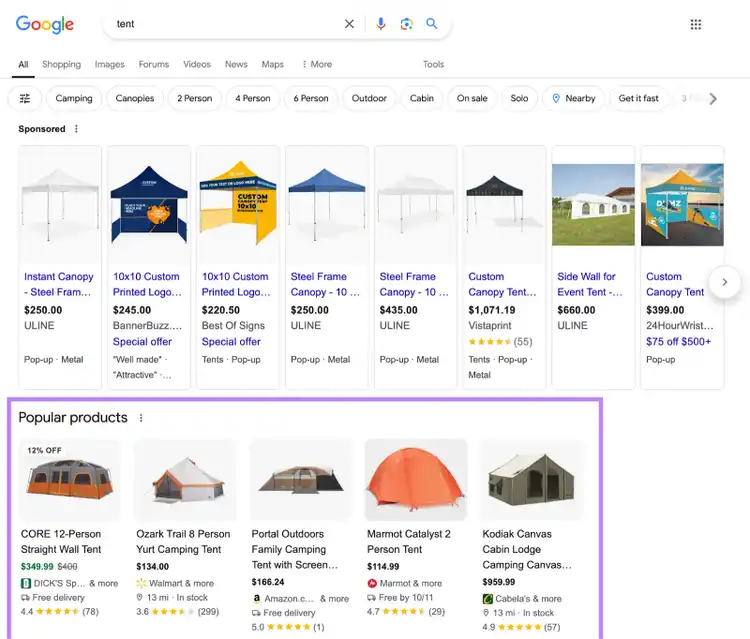 Les produits populaires apparaissent sous les résultats payants dans la SERP
