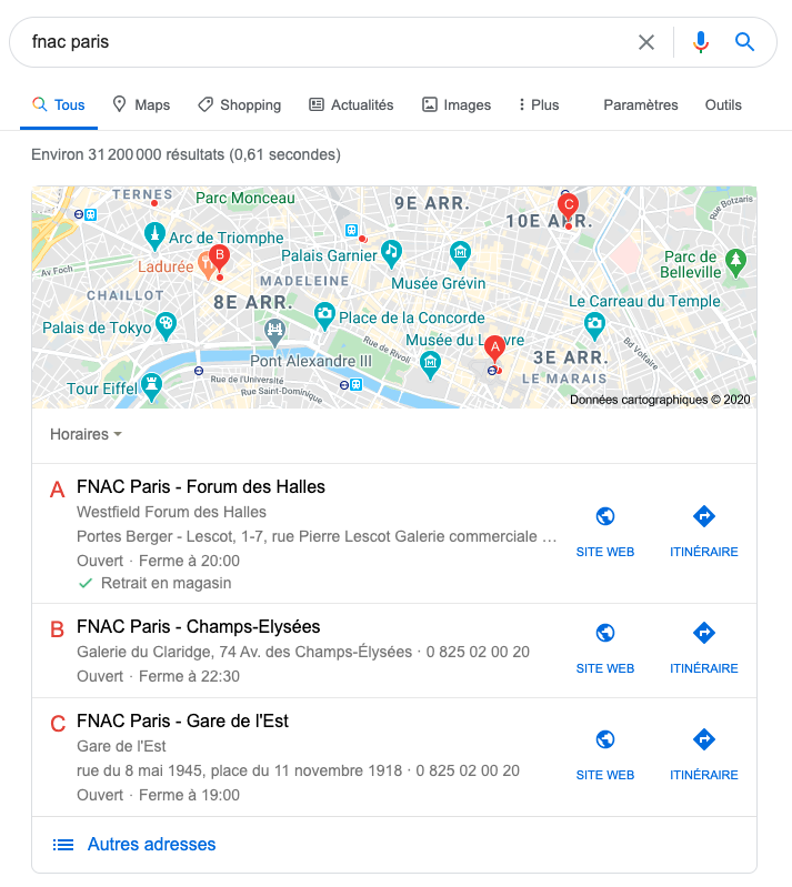 Google Maps résultats recherche fnac paris montrant 3 emplacements en Île-de-France