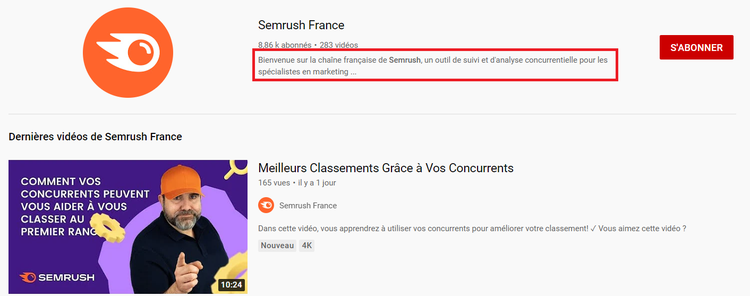 YouTube Semrush description