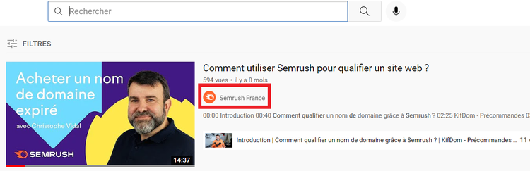 Nom de chaîne dans la recherche YouTube