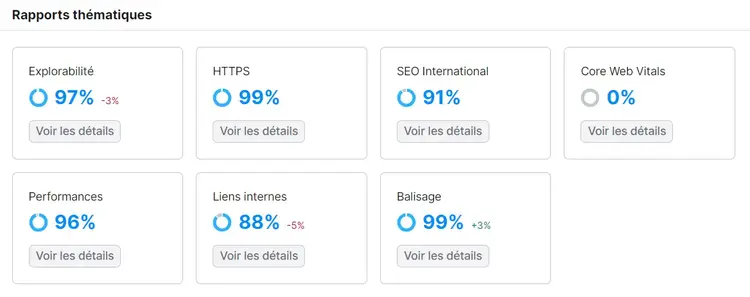 Les différents Rapports thématiques dans Audit de site