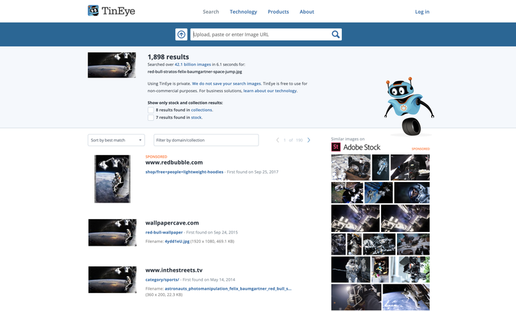 Tineye recherche d'image inversée