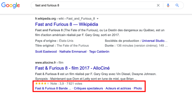 Google résultats Fast Furious 8 avec avis 3.9 étoiles et fonctionnalités SERP