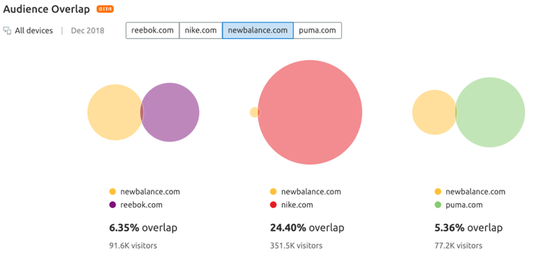 Analyse chevauchement audience: Reebok, Nike, Newbalance, Puma, 91,6K visites