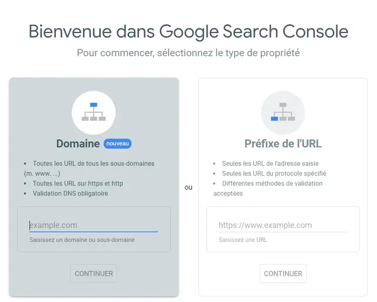 Page d'accueil de Google Search Console