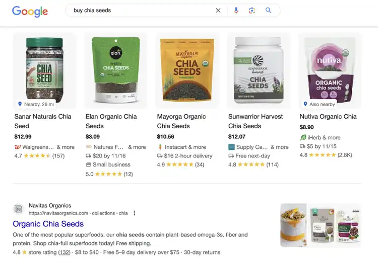 La SERP affiche les résultats de produits et les résultats organiques pour les produits.