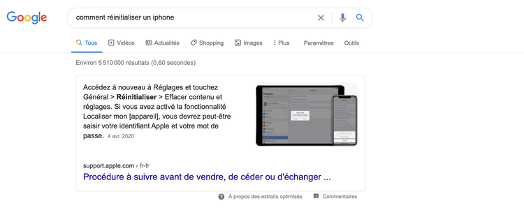 Google résultats recherche comment réinitialiser iphone avec featured snippet
