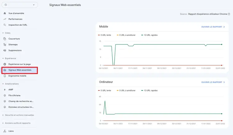 Signaux Web essentiels dans Google Search Console