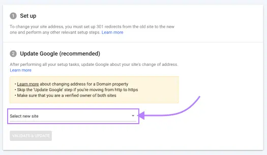 option sélectionner un nouveau site mise en évidence