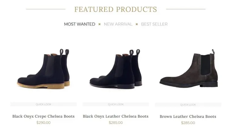Site e-commerce Chelsea Boots noir marron featured products