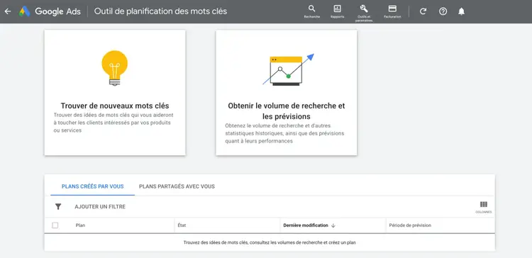Page d'accueil de Keyword Planner