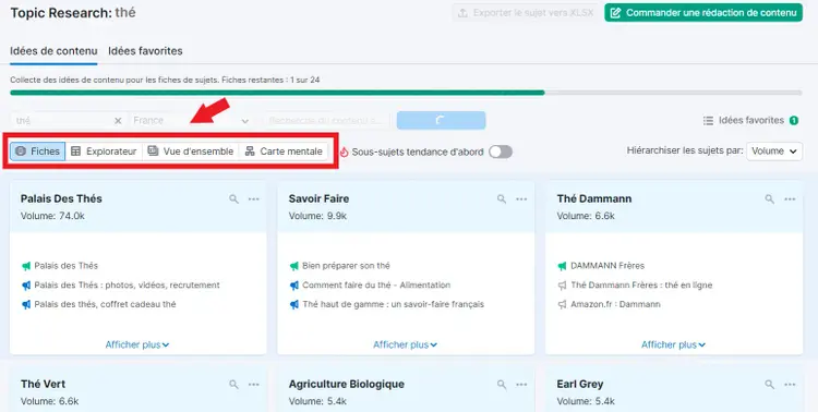 Topic Research, manière d'organiser les idées, fiches, explorateur, Vue d'ensemble, Carte mentale