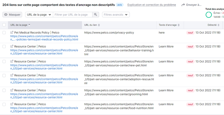 liste de notifications d’anchor text non descriptif