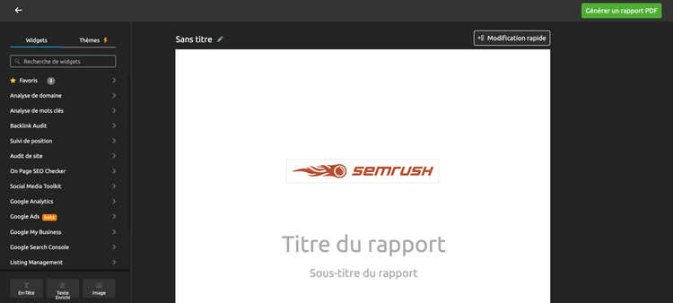 Apercu du modele de rapport Semrush avec menu lateral et espace titre de rapport
