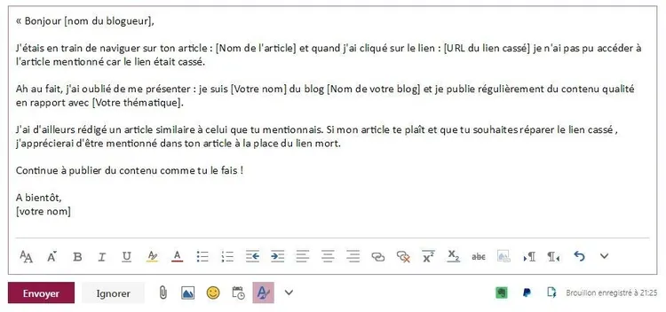 Modèle email liens cassés broken link building technique