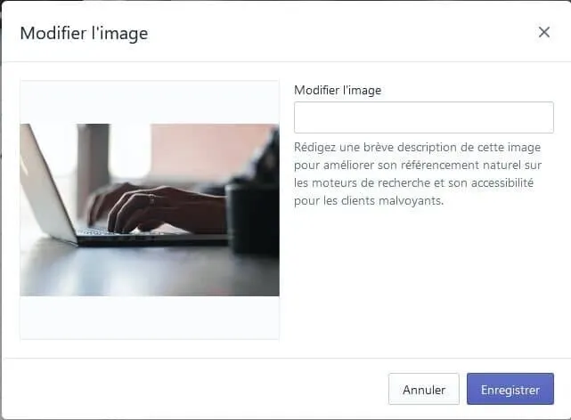 Dialogue Shopify modifier image avec champ description alt