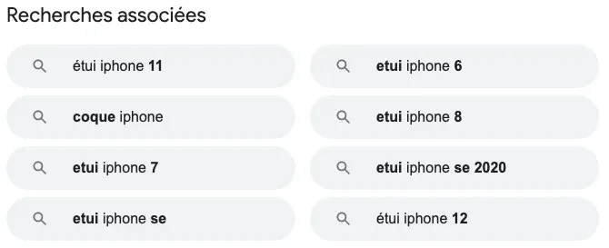 Google recherches associées pour étui iPhone avec 8 variantes de produits
