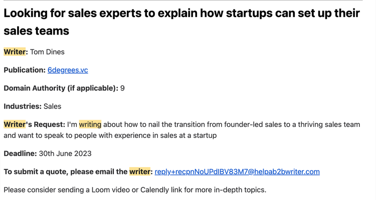 un exemple de demande d'aide d'un rédacteur B2B qui recherche des experts en vente pour expliquer comment les startups peuvent mettre en place leurs équipes de vente.