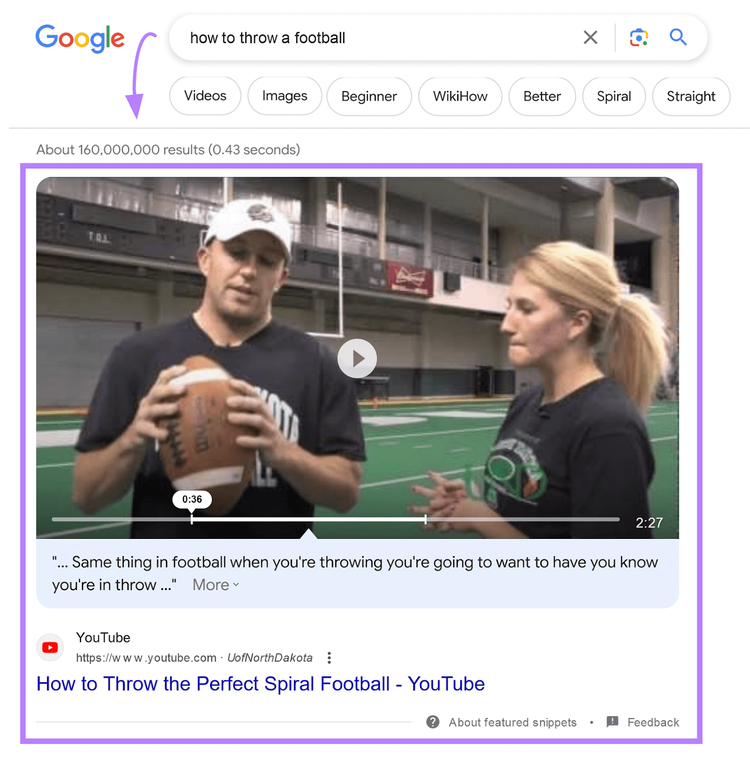 Exemple de vidéo en vedette sur une SERP Google pour la recherche "comment lancer un ballon de football"