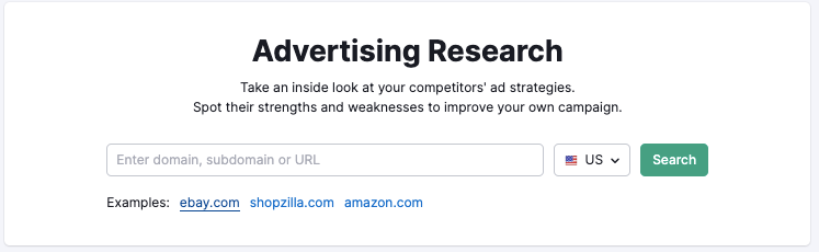 Interfaz búsqueda Semrush Advertising Research con barra entrada