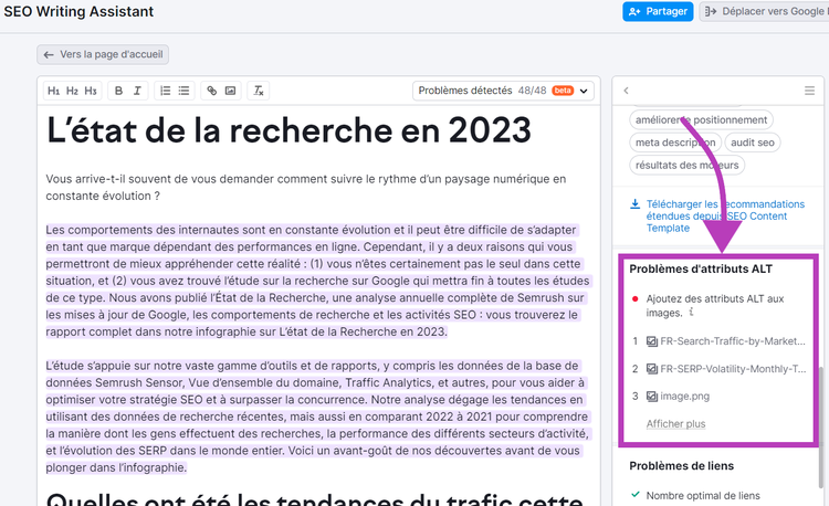 Problèmes d'attributs ALT dans SEO Writing Assistant de Semrush