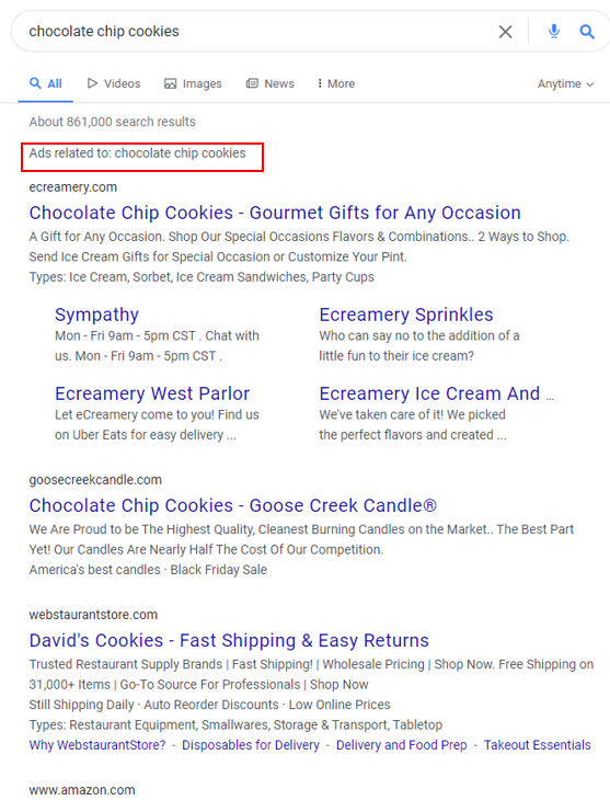 Capture d'écran de la recherche Yahoo "cookies au chocolat"