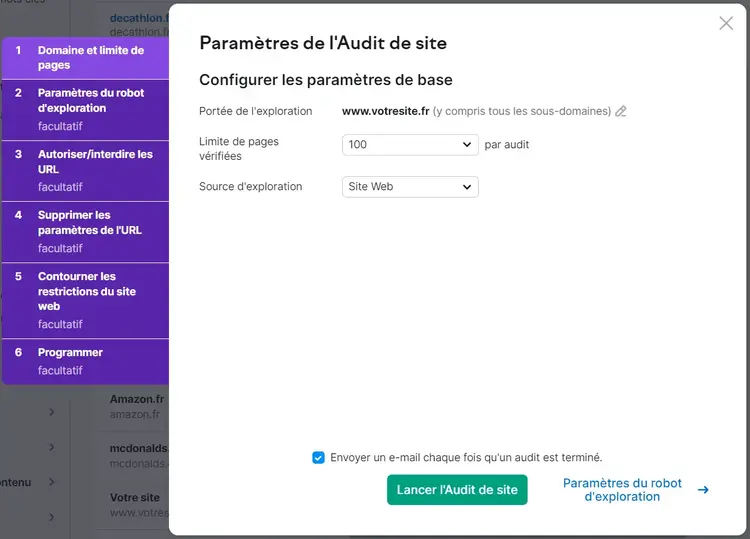 Paramètrage d'Audit de site