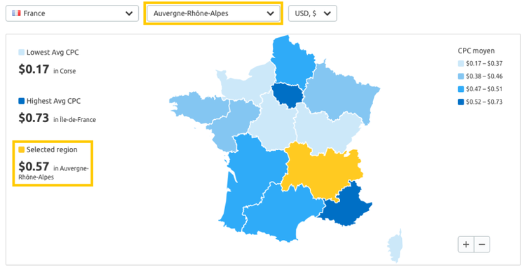 CPC Map Semrush France Auvergne-Rhone-Alpes montrant CPC moyen $0.57 region selectionnee