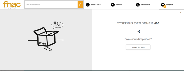Page erreur 404 FNAC avec illustration panier vide