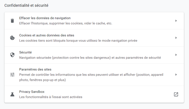 Chrome Confidentialité et sécurité