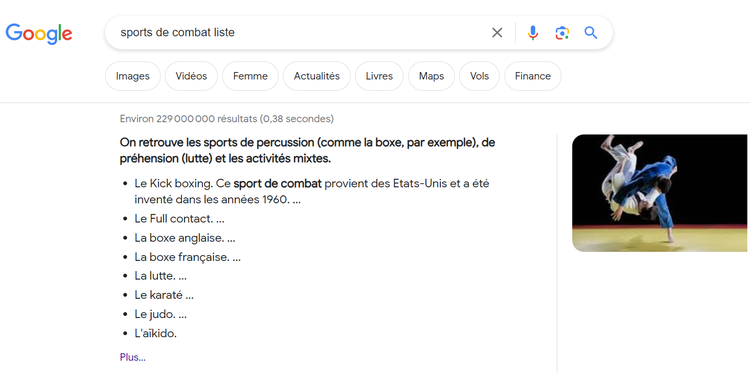 extrait optimisé avec une liste non ordonnée de sports de combat