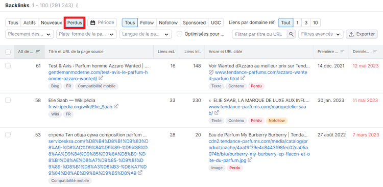 Liste de backlinks perdus chez les concurrents