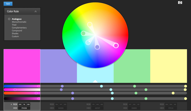Roue chromatique Adobe Color avec sélecteur de teinte et palettes